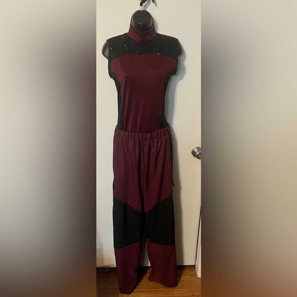 Weissman Womens Dance Costume Jogger Jumpsuit 2 Piece Pray for me Sz LA Maroon - Picture 3 of 13